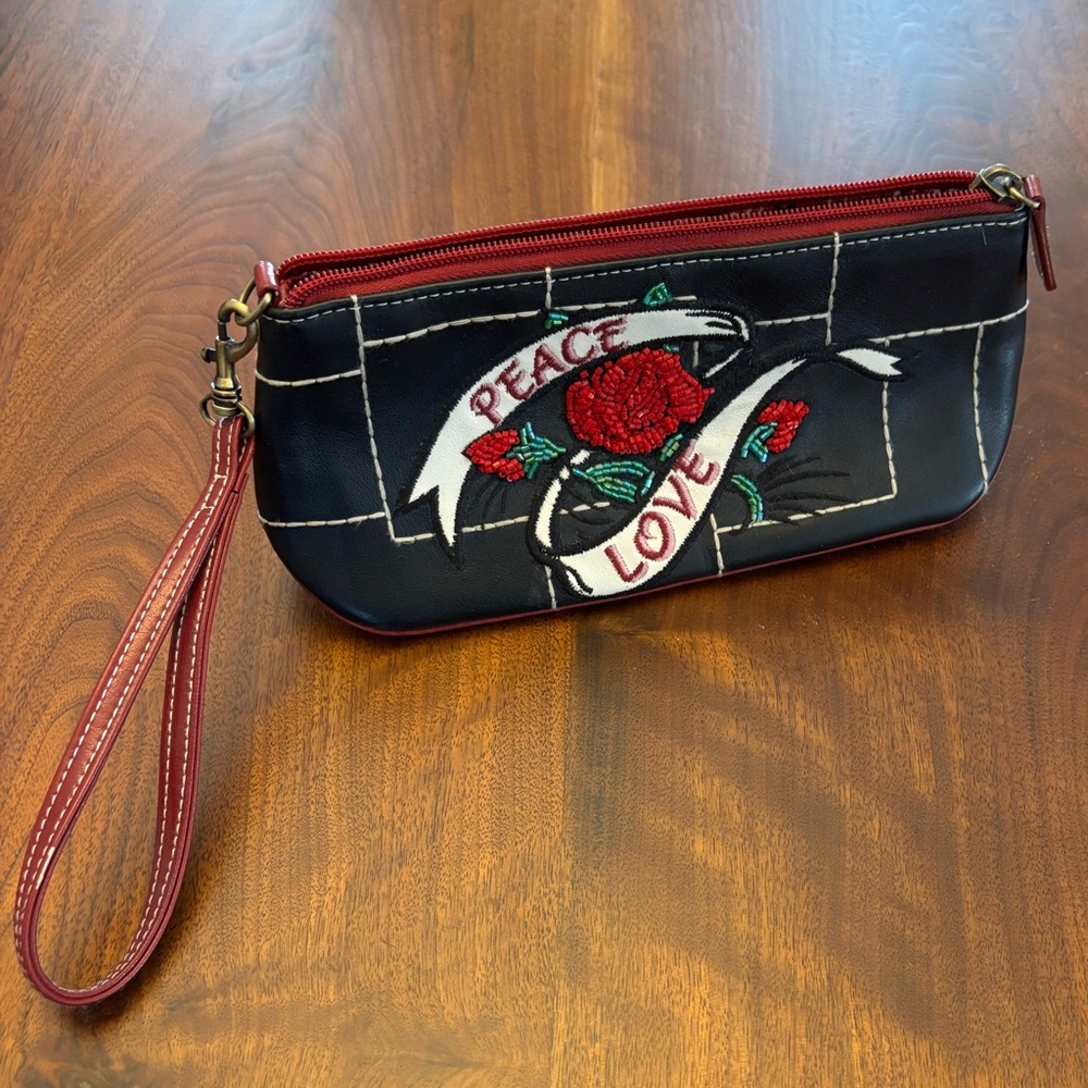 Vintage Isabella Fiore Peace Love Black Red Embroidered Beaded Wristlet Clutch